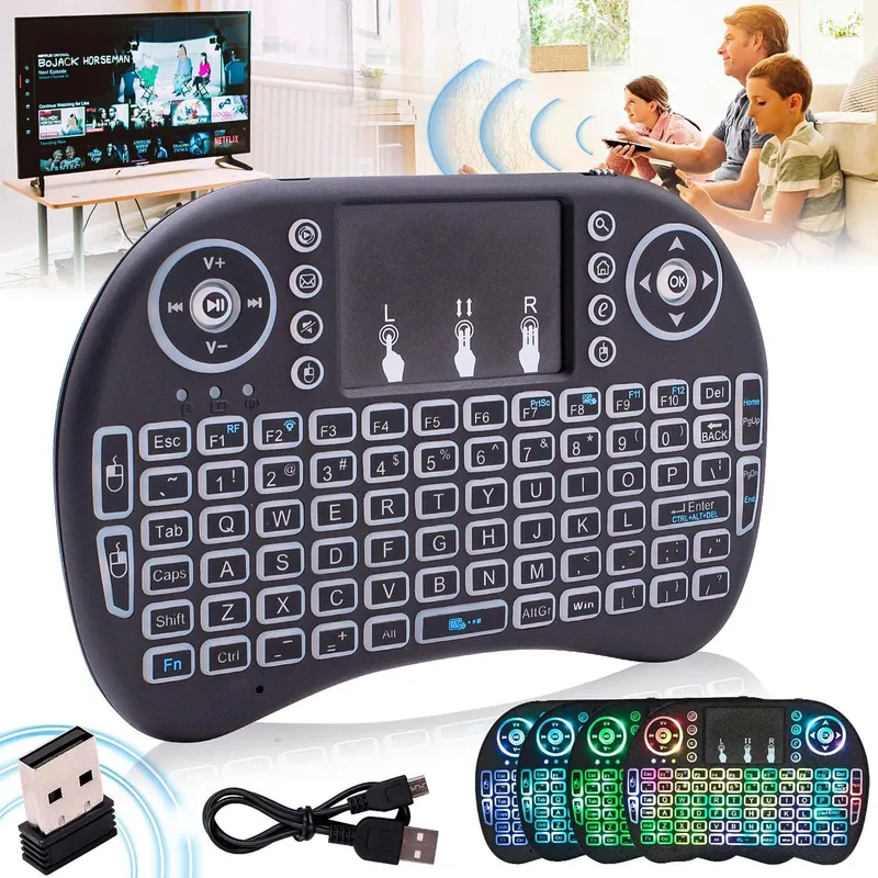 لوحة مفاتيح لاسلكية مع ماوس مدمج و إضاءة خلفية يعمل باللمس لتحكم عن بعد  Mini Wireless key bord